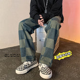 Men Jeans Chessboard Plaid Jeans Autumn Straight Wide-Leg Pants Retro Loose Trousers